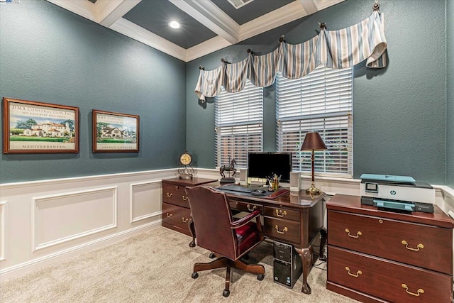 carpeted office with beamed ceiling, ornamental molding, and coffered ceiling