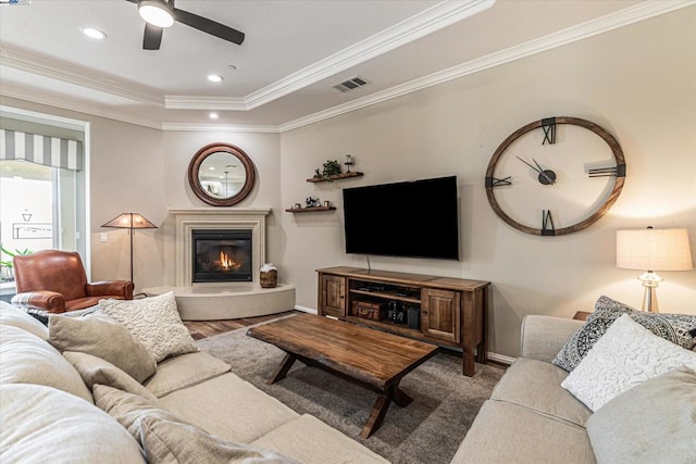 living room with a raised ceiling, ceiling fan, and ornamental molding