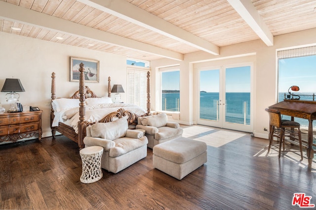 bedroom featuring french doors, beamed ceiling, dark wood-type flooring, and a water view