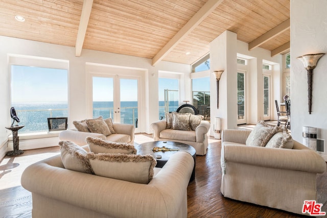 living room with vaulted ceiling with beams, a water view, and a wealth of natural light