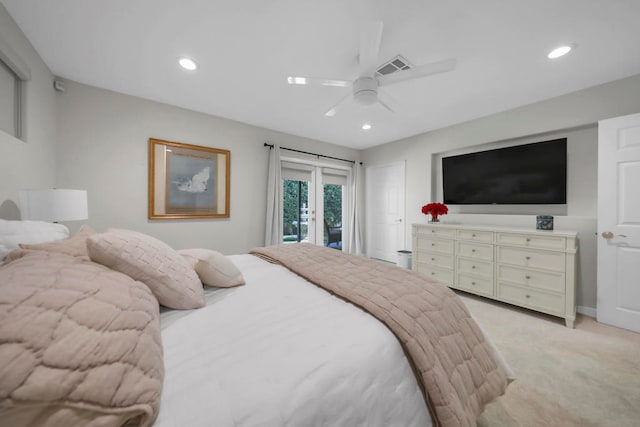 carpeted bedroom featuring access to exterior and ceiling fan