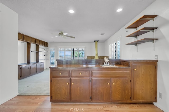 kitchen with light hardwood / wood-style flooring, sink, and ceiling fan