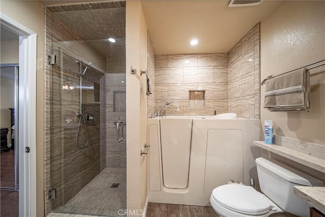 full bathroom featuring toilet, vanity, and separate shower and tub