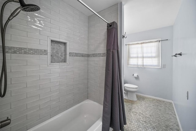 bathroom with toilet, shower / bathtub combination with curtain, and tile patterned flooring