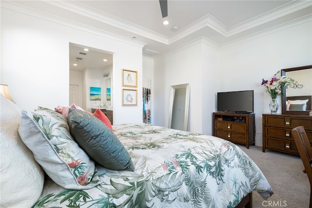 bedroom featuring carpet, ceiling fan, and crown molding