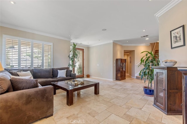 living area featuring crown molding, stone tile floors, visible vents, and baseboards