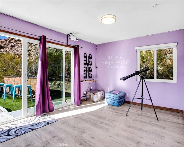recreation room with a healthy amount of sunlight, baseboards, and wood finished floors