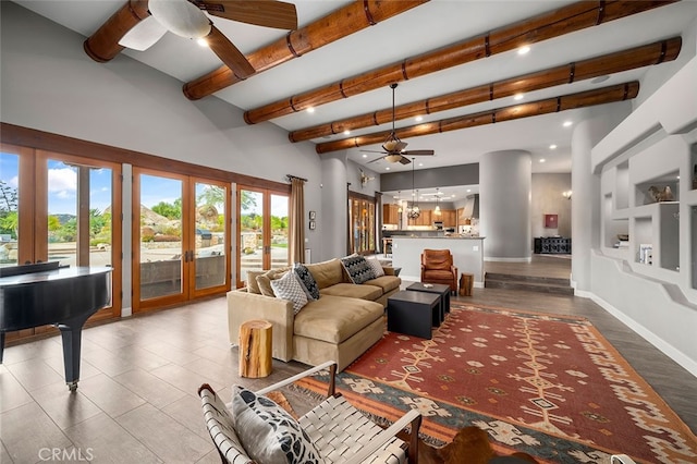 living room with french doors, hardwood / wood-style flooring, beamed ceiling, and ceiling fan