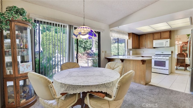 carpeted dining space featuring sink, vaulted ceiling, a textured ceiling, and a healthy amount of sunlight