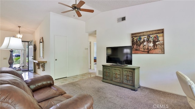 living room with lofted ceiling, light colored carpet, and ceiling fan