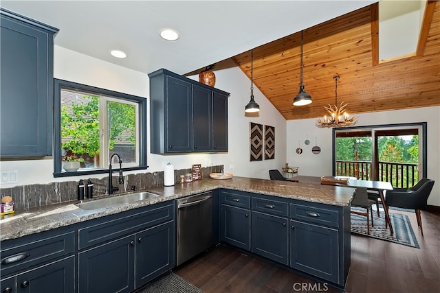 kitchen with stainless steel dishwasher, dark wood-type flooring, vaulted ceiling, and pendant lighting