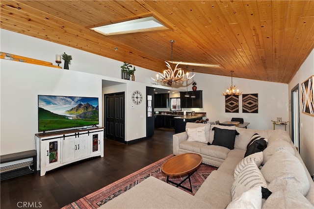 living room featuring dark wood-type flooring, lofted ceiling with skylight, wooden ceiling, and an inviting chandelier