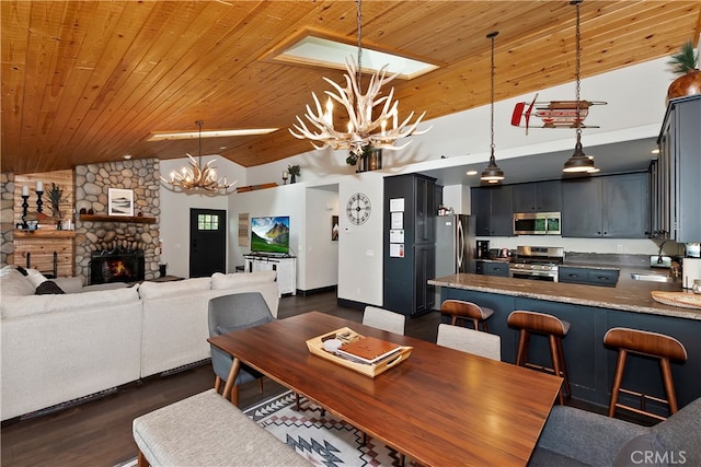 dining space featuring a fireplace, wooden ceiling, lofted ceiling, and dark hardwood / wood-style floors