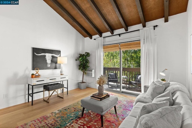 living room with beam ceiling, high vaulted ceiling, and wood-type flooring