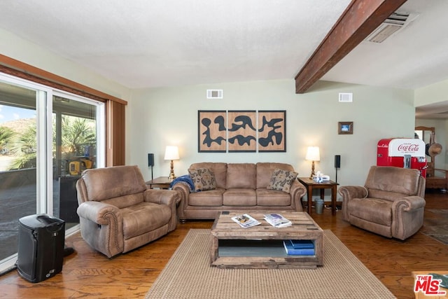 living room featuring beam ceiling and wood-type flooring