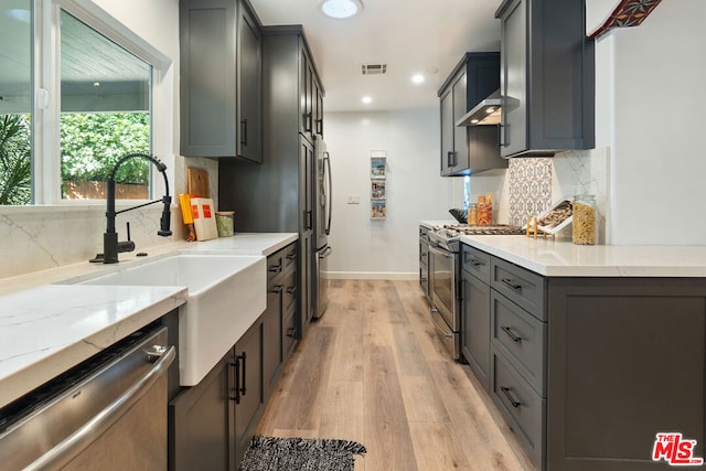 kitchen with sink, wall chimney range hood, light hardwood / wood-style flooring, gray cabinets, and appliances with stainless steel finishes