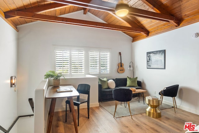 sitting room featuring vaulted ceiling with beams, wood ceiling, and light hardwood / wood-style flooring