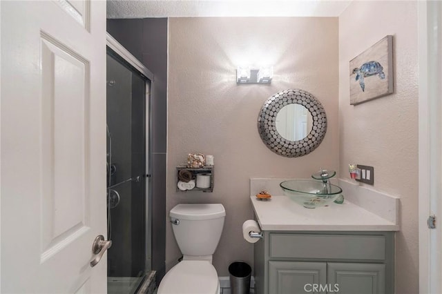 bathroom featuring toilet, vanity, and an enclosed shower