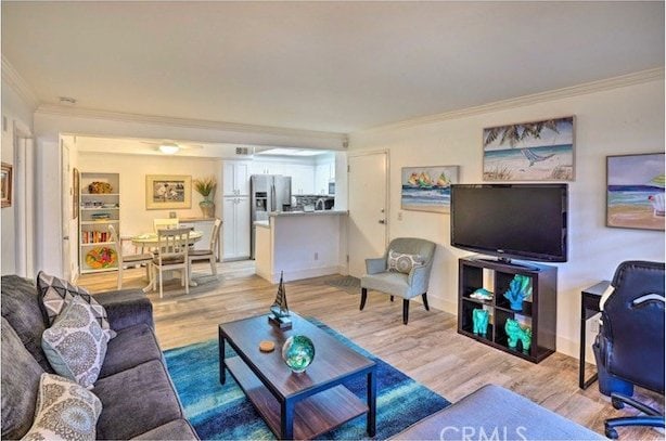 living room featuring ornamental molding and light hardwood / wood-style flooring