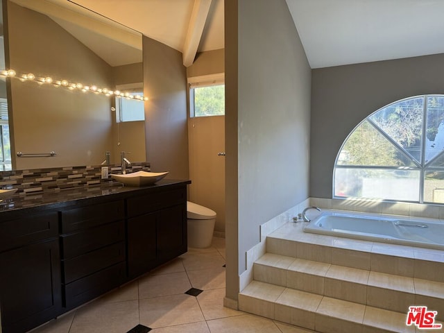 bathroom with vanity, tiled bath, tile patterned flooring, and vaulted ceiling with beams