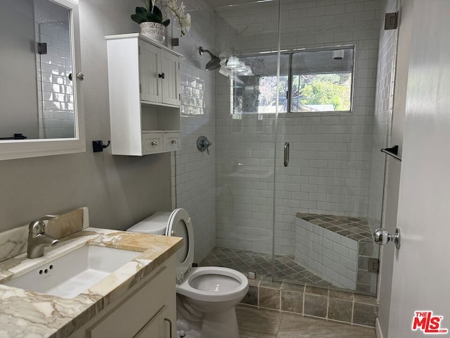 bathroom with vanity, toilet, and a shower with door