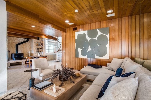 living room with a wood stove, wood walls, and wood ceiling