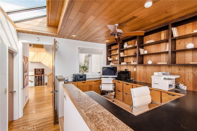 office with built in desk, ceiling fan, light wood-type flooring, and wooden ceiling