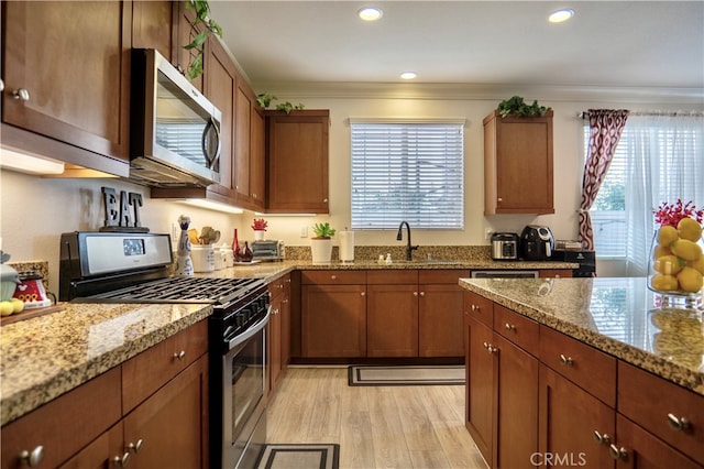 kitchen with crown molding, appliances with stainless steel finishes, plenty of natural light, and light wood-type flooring