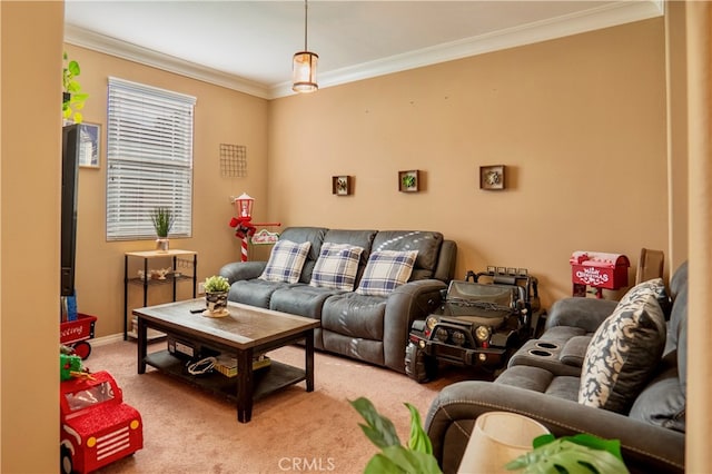 carpeted living room featuring ornamental molding