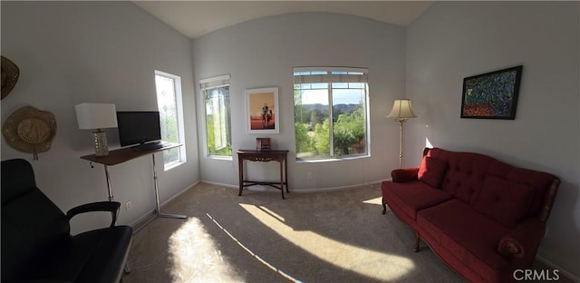 sitting room with lofted ceiling and carpet