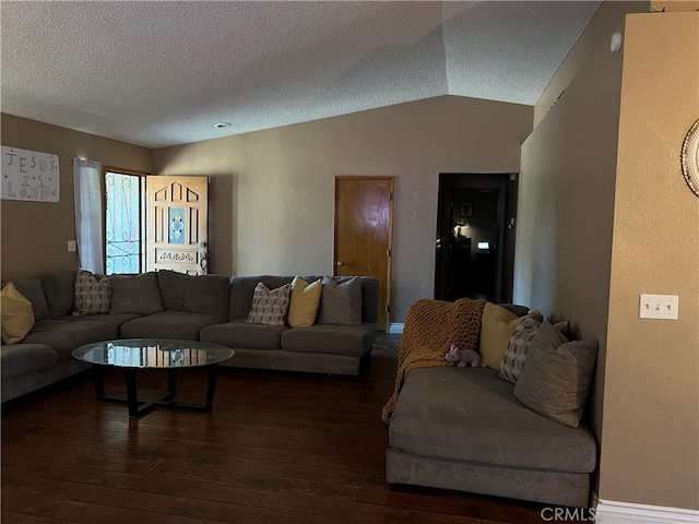 living room featuring a textured ceiling, lofted ceiling, and dark hardwood / wood-style floors