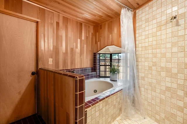 bathroom with wood ceiling and independent shower and bath