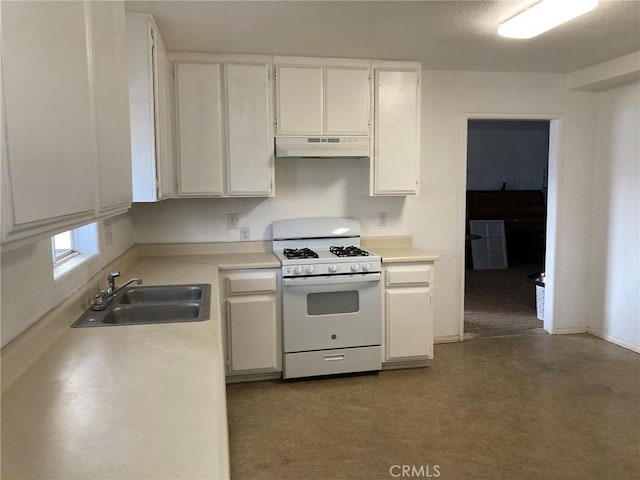 kitchen featuring white cabinetry, sink, and white range with gas cooktop