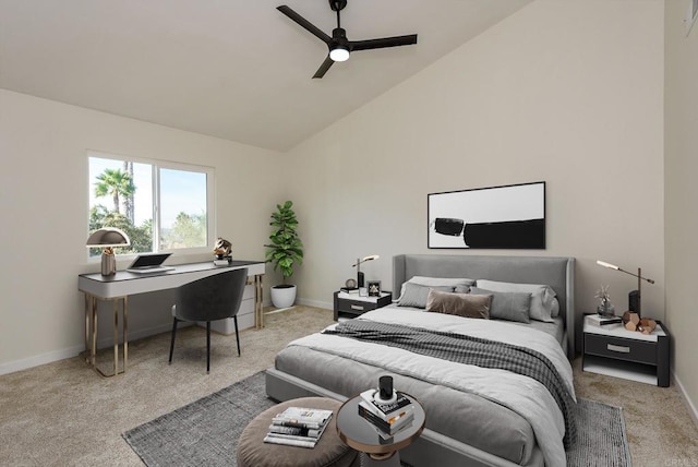 carpeted bedroom featuring high vaulted ceiling and ceiling fan