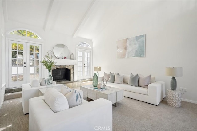 living room featuring high vaulted ceiling, light colored carpet, french doors, and beamed ceiling