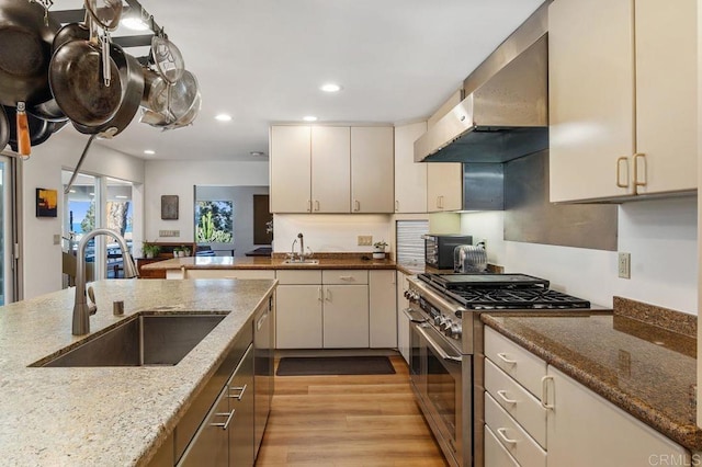 kitchen featuring appliances with stainless steel finishes, sink, extractor fan, and light stone countertops