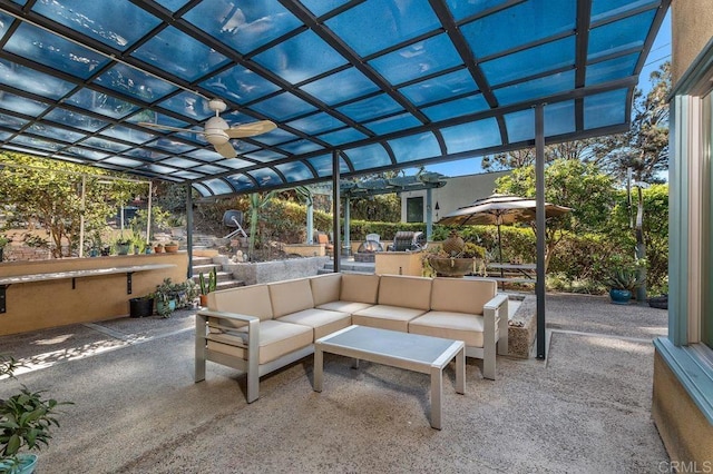 view of patio / terrace featuring an outdoor hangout area and a pergola