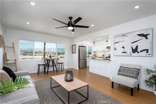 living room with ceiling fan and light hardwood / wood-style flooring