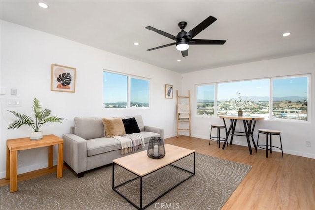 living room with hardwood / wood-style floors and ceiling fan