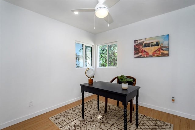 office space featuring hardwood / wood-style flooring and ceiling fan