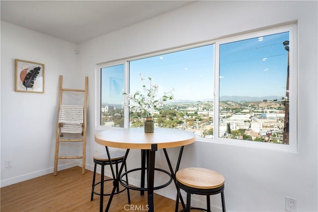 dining area with baseboards and wood finished floors