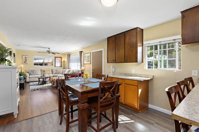 dining space featuring dark hardwood / wood-style floors and ceiling fan