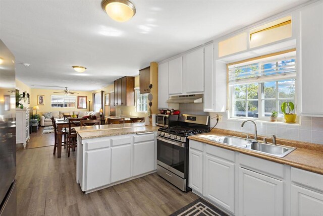 kitchen with white cabinetry, kitchen peninsula, sink, and appliances with stainless steel finishes