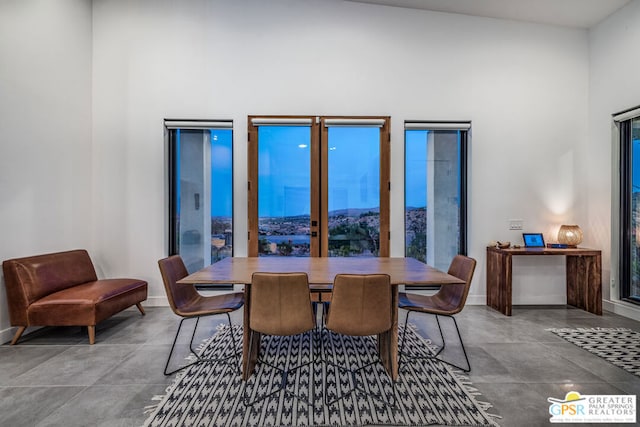 dining space featuring high vaulted ceiling