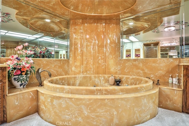 bathroom with wood walls and shower with separate bathtub