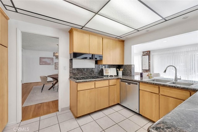 kitchen with light brown cabinetry, sink, light hardwood / wood-style flooring, and appliances with stainless steel finishes