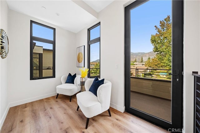 living area with a mountain view, light wood-type flooring, and a wealth of natural light