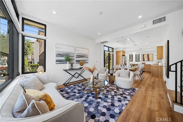 living room featuring plenty of natural light and light wood-type flooring