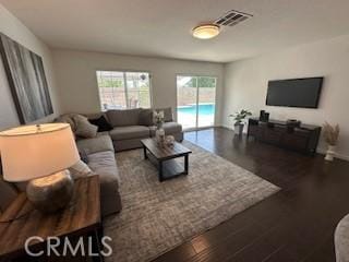 living room featuring dark wood-type flooring