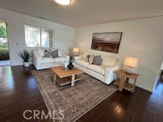 living room with dark hardwood / wood-style floors